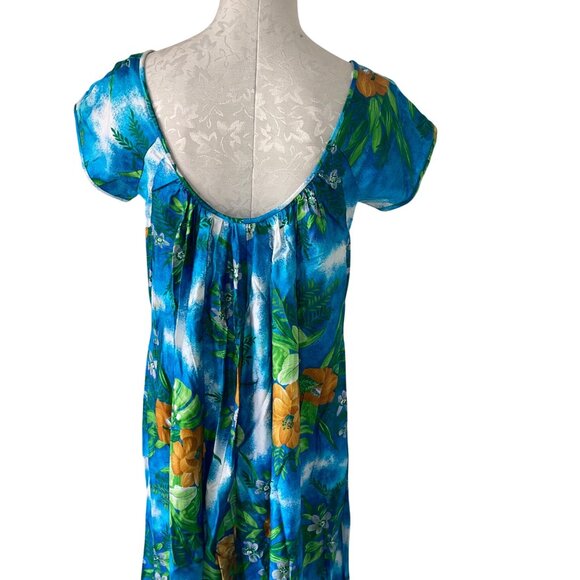 Paradise Hawaii Vintage Womens Dress Size M Blue Floral Maxi Pure Cotton New - Picture 8 of 11